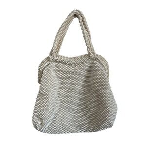 Vintage Lumured Corde Bead Handbag Cream White Beaded Purse 1950's Glam USA Made